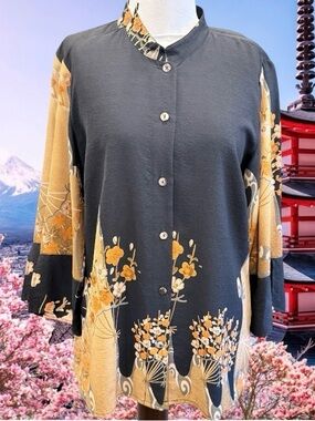 Citron Black & Mustard Floral Mandarin Button-Down Top